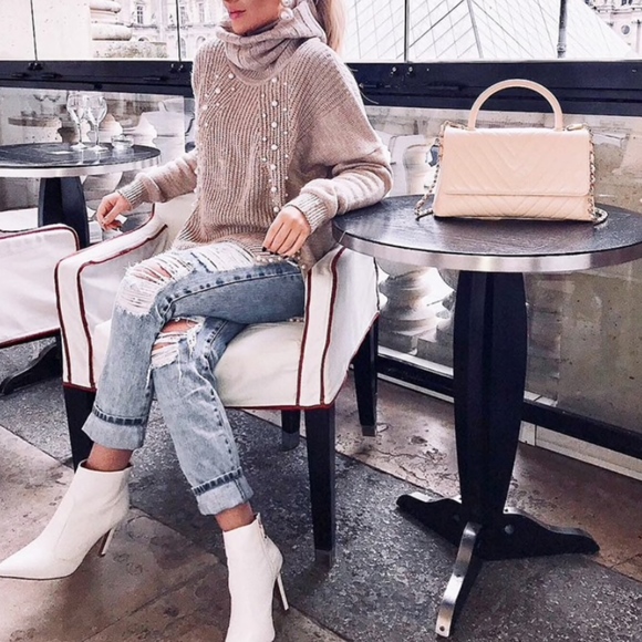 Pearl Beading Oversized Pink Sweater Cowl Neck - Picture 3 of 8